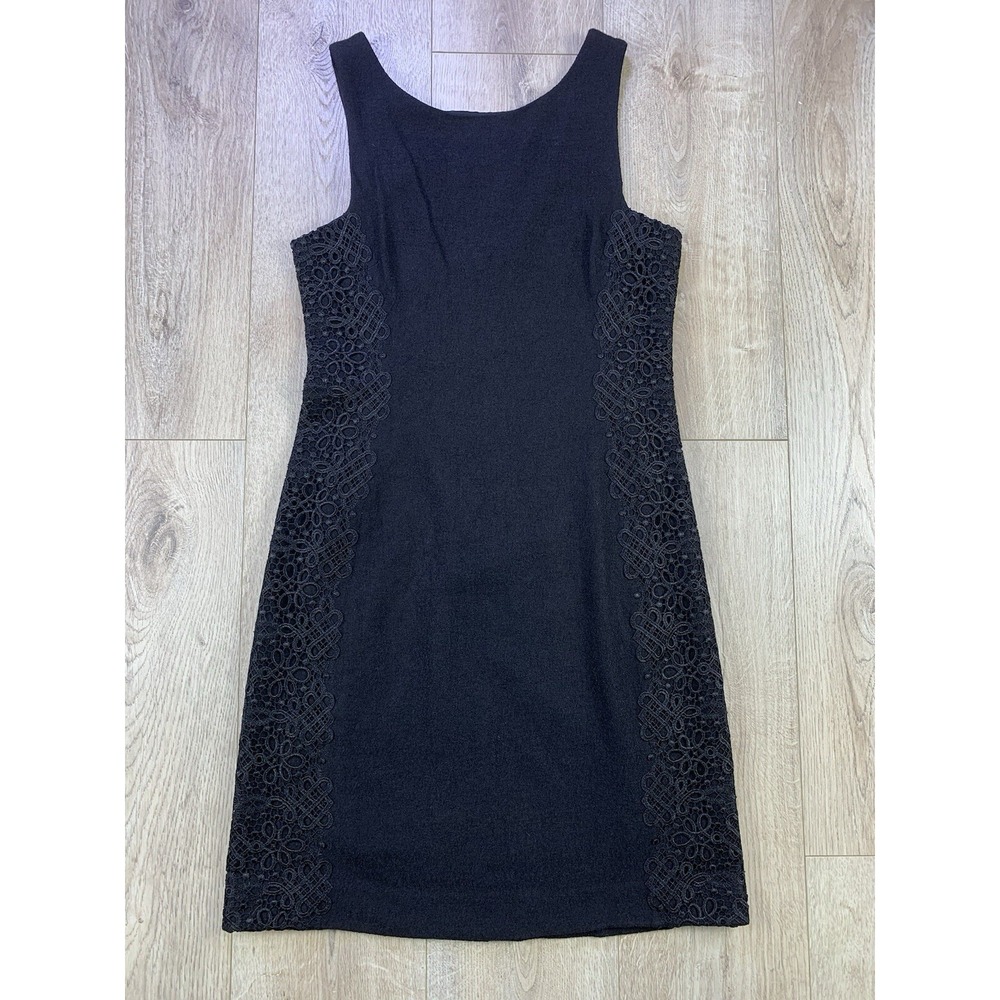 Banana Republic Black Wool Sheath Dress Womens Sz 8 Embroirderd Design Zip Back